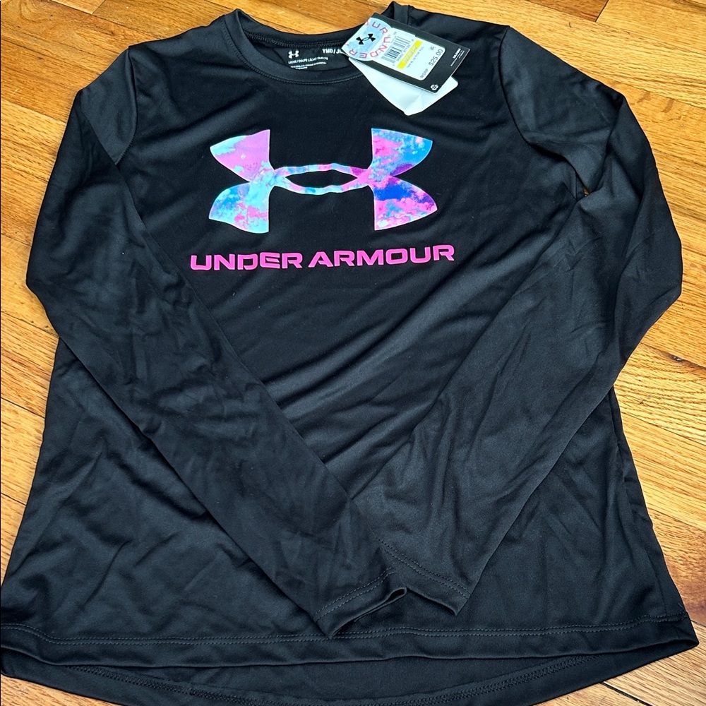 NWT Under Armour Girls Black Long Sleeve Tee with Multicolor Logo szYM